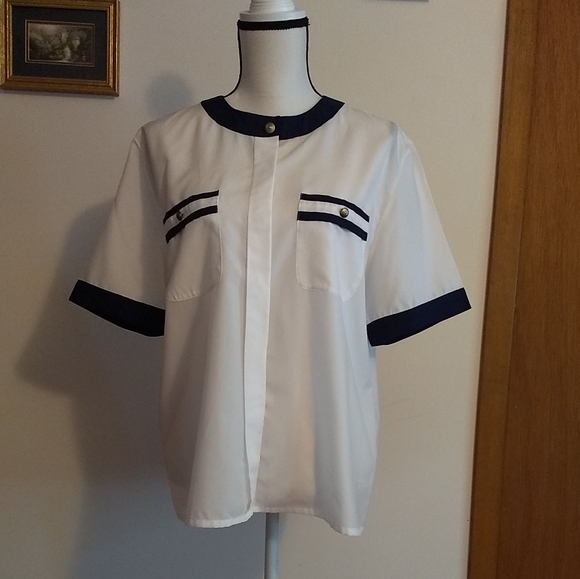🌷‼️5/$20  - Vtg Marine White Shirt Button Blouse Formal Blue L - Picture 7 of 7